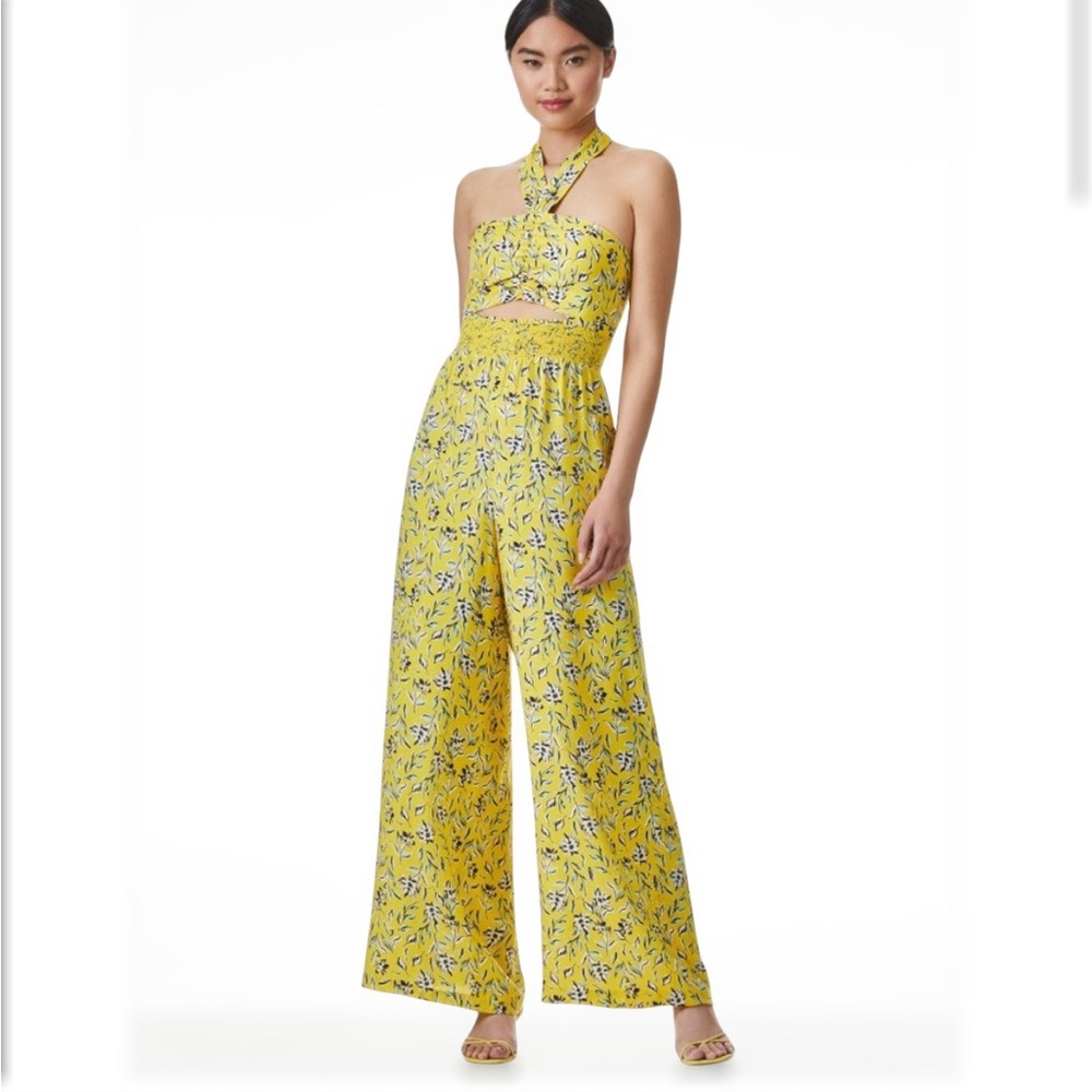 New - Alice + Olivia Halter Backless Wide Leg Jumpsuit Yellow Floral Smocked C…
